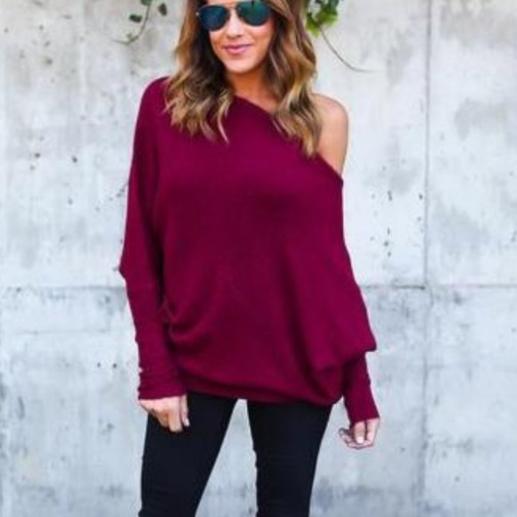 RESTOCK!BURGUNDY OFF SHOULDER LOOSE- SWEATER TOP - Picture 2 of 5